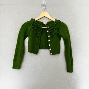 J PIN Kids Green Wool Angora Blend Cropped Cardigan Sweater Size S‎ Ruffles 4/5
